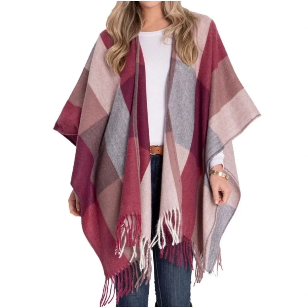 Woolrich Cape Shawl Blanket Scarf Pashmina OS  Pink Plaid Fringe Detail Boho